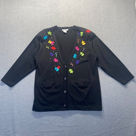 Marie Diamond Black Sweater Womens Size M  4 Buttons 2 Pockets,100% Cotton - Picture 10 of 10